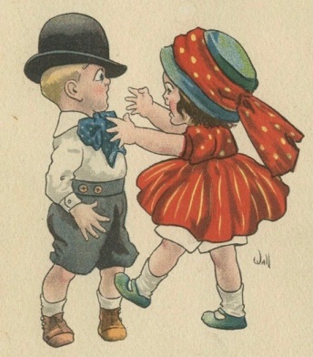 Girl and boy fighting. (1911 suffrage postcard/USPD, pub.date, artist life/Commons.wikimedia.org)